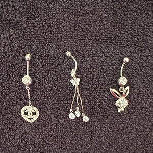 Three Silver Crystal Belly Rings - Women Jewelry